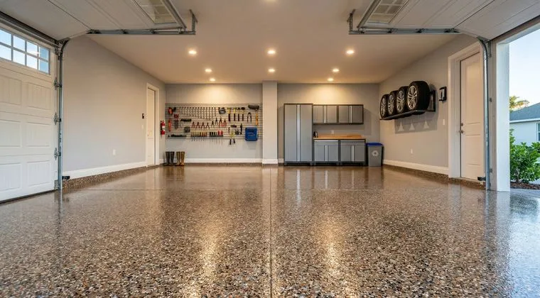 Clean decorative flake epoxy garage floor in Pittsburgh