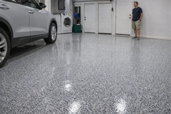 Restored epoxy floor after professional repair