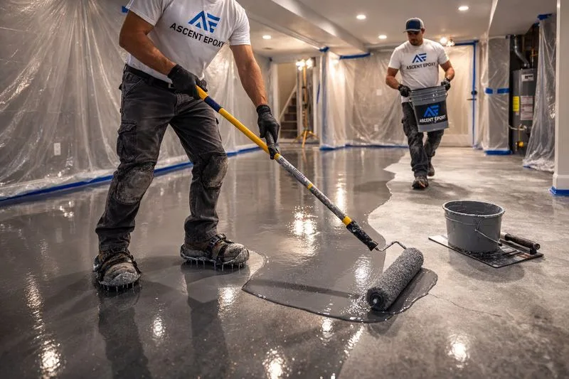 Applying epoxy coating to residential floor